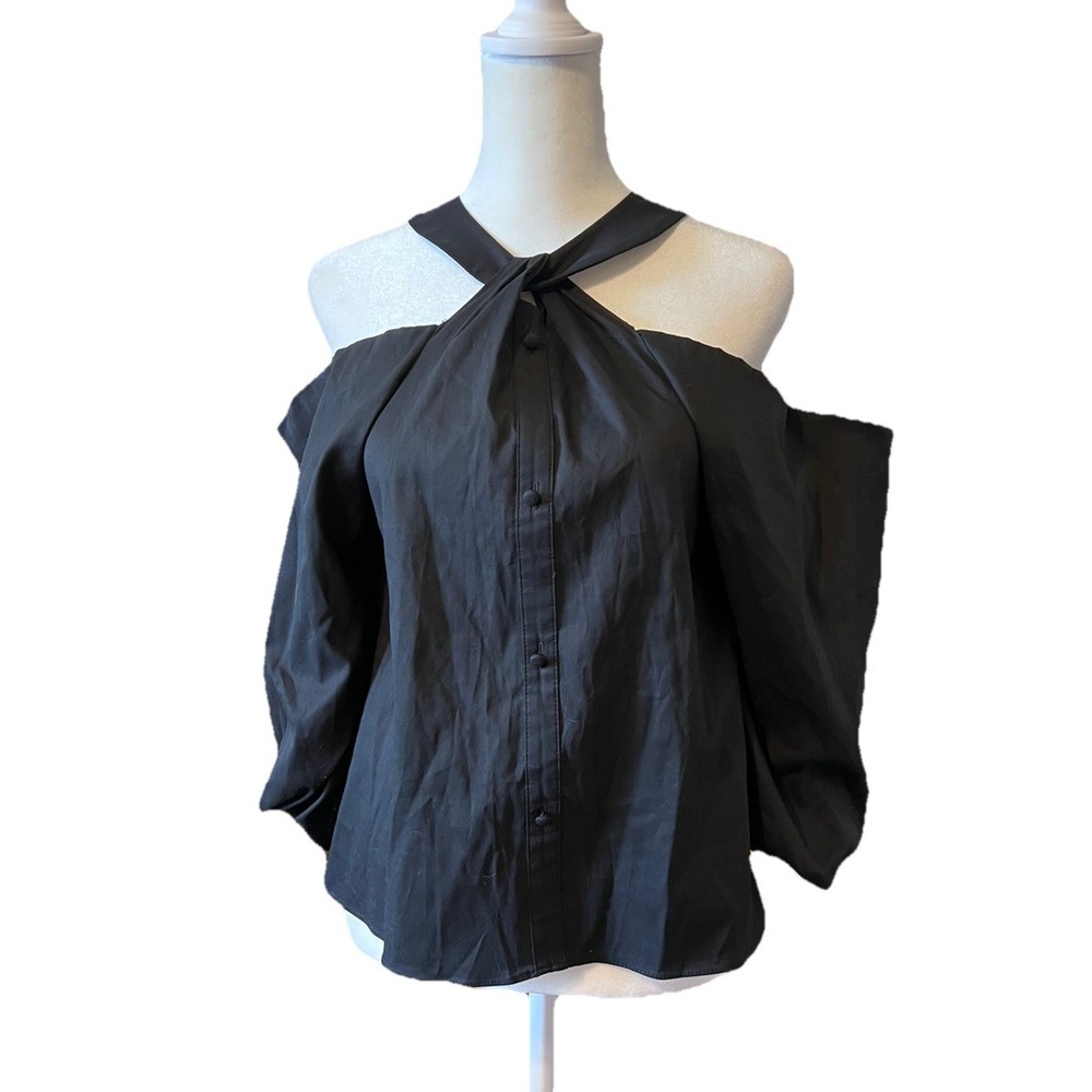 INC International Concepts Black Cold Shoulder Pouf Halter Top Women's XS NWT